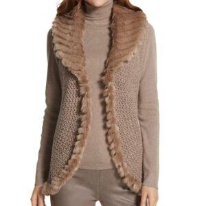 Chico's Sleeveless Open Front Taupe Sweater Vest w/ Faux Fur Collar, Size 3 (XL)